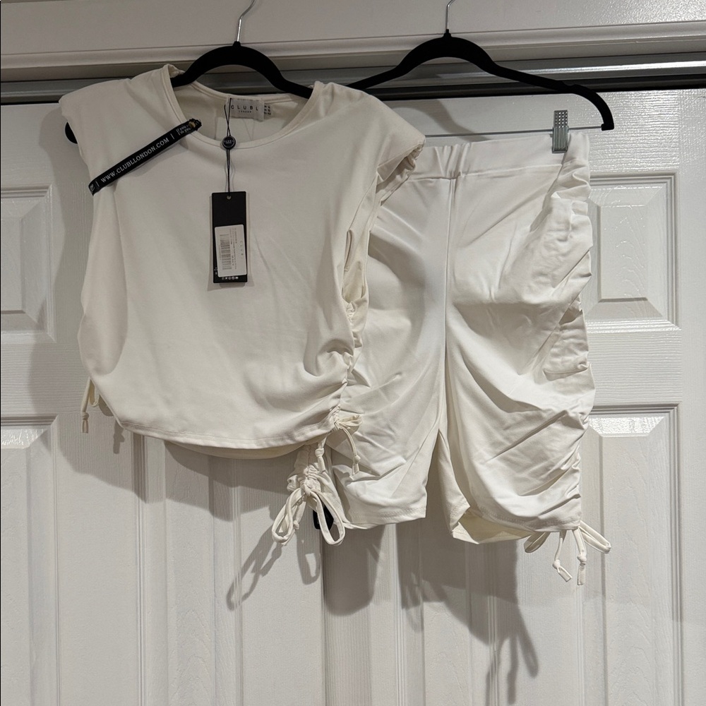 Club L London White Pleated Drawstring Sleeveless Lace Up High Waist Set